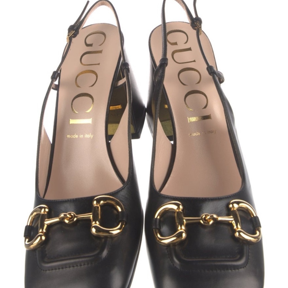 NWT Gucci Black Leather 3 inch Block Heels with Gold Detail US 11.5 EU 41.5